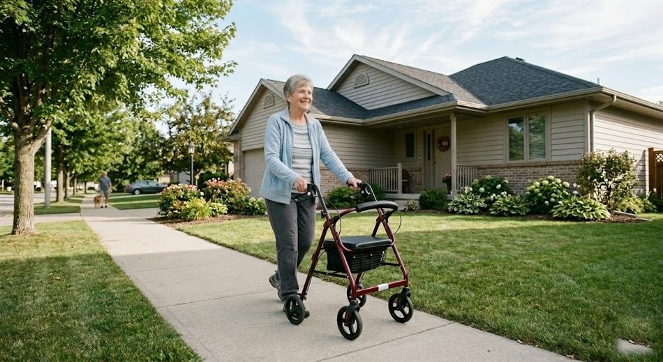 Senior walking confidently outdoors after in-home physiotherapy rehabilitation