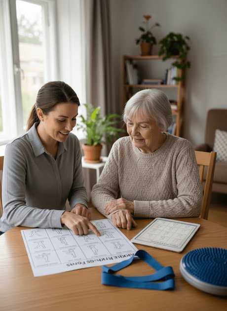 Physiotherapist and older adult reviewing a personalized rehabilitation plan together at home